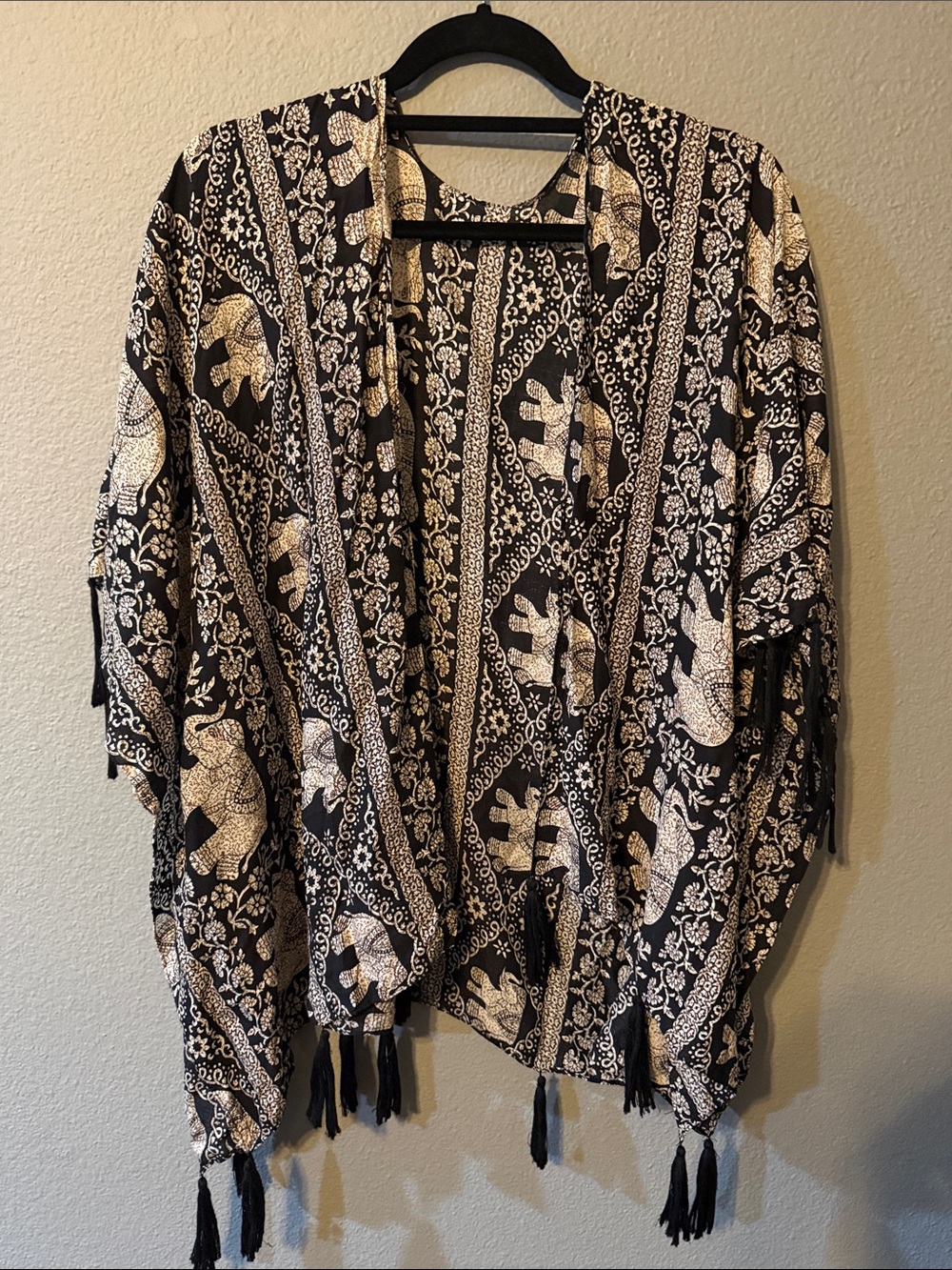 Boho Elephant Print Tassel Open Front Cardigan Black Cream